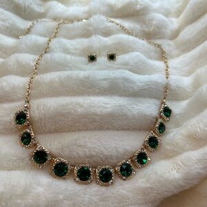 Gold Necklace and Earrings Set with Emerald Green Rhinestones 
New without tag